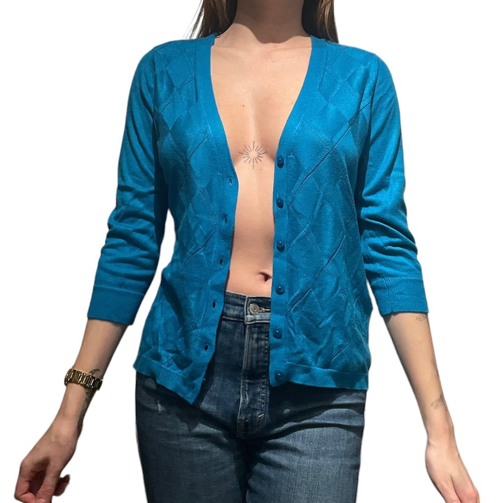 New York & company blue checkered cardigan.